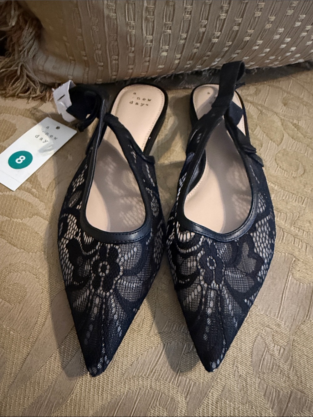 A New Day Womens Black Lace Pointed Toe Slingback Flats with Bow Size 8